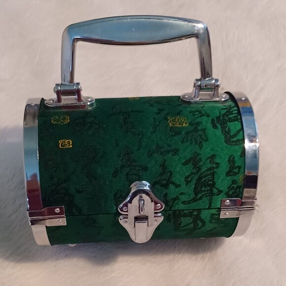 MINI Barrel Cylinder Green Silver Metal Gold Black Print Purse Case - Picture 1 of 9